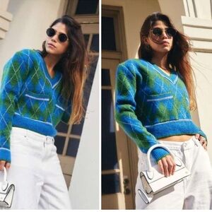 ZARA Argyle Cropped Knit Sweater Green Blue Metallic Preppy V-Neck Size Small